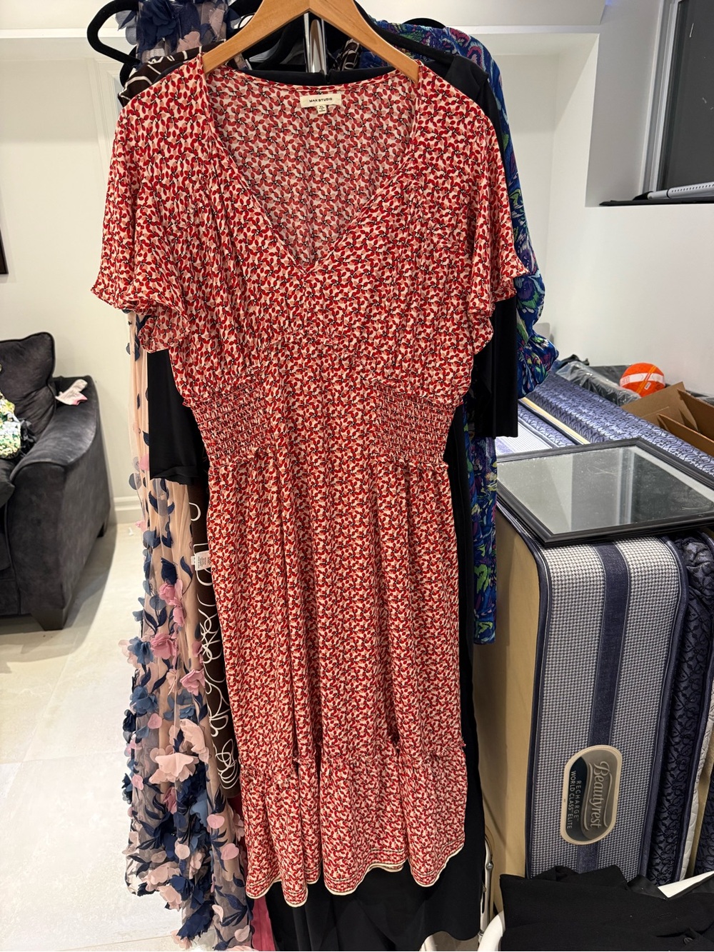 Max Studio Red Floral Boho Midi Dress Smocked Waist Flutter Sleeve Size XL